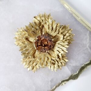 Benedikt NY Brutalist Gold-Tone Starburst Topaz Brown Vintage Pin Brooch…